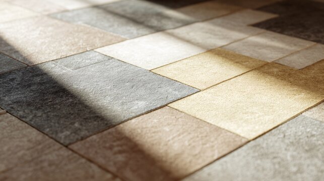 A muted pastel stone tiles with morning light shadows, minimal geometry