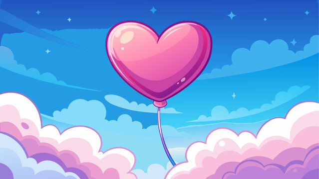 Soft pastel illustration of a glossy pink heart balloon drifting in a bright blue cloud-filled sky, creating a charming and minimal romantic aesthetic - Powered by Adobe