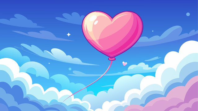 Soft pastel illustration of a glossy pink heart balloon drifting in a bright blue cloud-filled sky, creating a charming and minimal romantic aesthetic