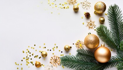 Christmas Composition Flatlay Gold Confetti Sprinkles Baubles Spruce Branches On White Background With Space For Text