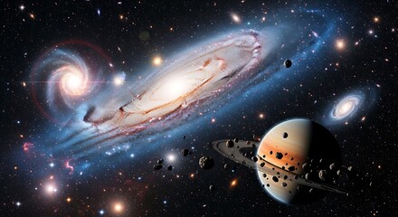 Naklejka premium Spiral galaxy and ringed planet with asteroids and distant galaxies in deep space cosmos