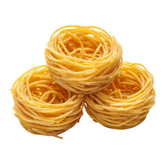 Mini spaghetti nests arranged in trio stack. Isolated white background. Png format