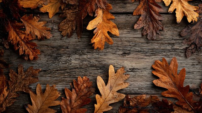 A rustic wooden tabletop covered in scattered dry oak leaves, natural autumn tones, overhead view