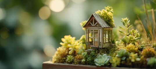 Miniature Home in Lush Greenery with Morning Sunlight Bokeh