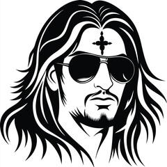 Man with long flowing hair wearing sunglasses displays a cross on his forehead