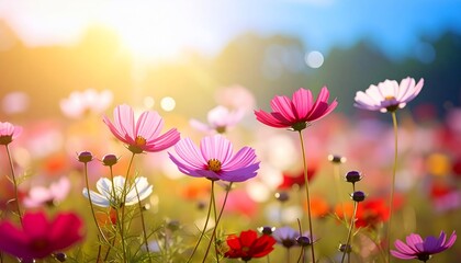 Vibrant field of colorful flowers illuminated by the sun's warm, golden light