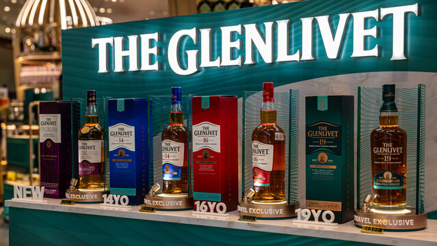 Bangkok \ Thailand - 15 November 2025: The Glenlivet single malt scotch whisky collection on display at BKK airport duty-free