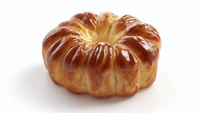 Freshly baked golden bread ring on a white background for breakfast.