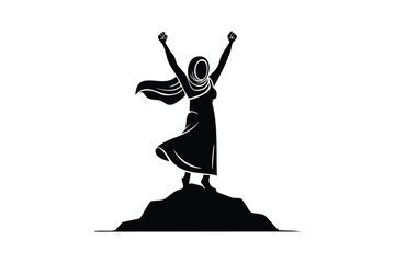 Empowered Muslim Woman Silhouette Celebrating Success on Mountain Peak Achievement Victory