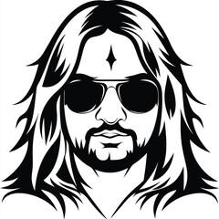 Confident man with sunglasses, long flowing hair, and a beard showcases bold vector