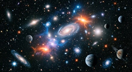 Fototapeta premium Vast Cosmic Panorama With Numerous Galaxies Planets And Stars In Deep Space galaxy universe