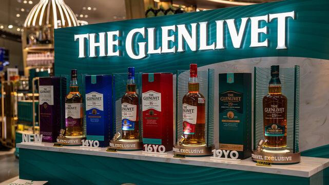 Bangkok \ Thailand - 15 November 2025: The Glenlivet single malt scotch whisky collection on display at BKK airport duty-free