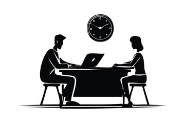 Business Meeting Silhouette Two Professionals Collaborating at Desk with Wall Clock