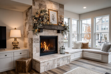 Cozy living room with fireplace, low TV unit, and winter garland in warm natural light