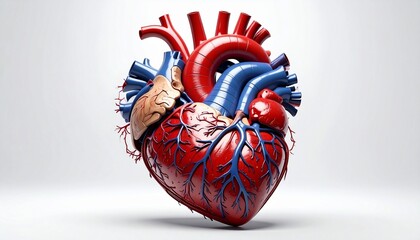 Naklejka premium “Realistic anatomical illustration of human heart showing red and blue vessels, aorta, pulmonary arteries and veins, coronary vessels, and heart chambers on white background”