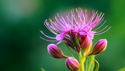 Fototapeta premium Macro Image Of Erechtites Hieraciifolius Or Fireweed And Its Buds On Green Soft Background
