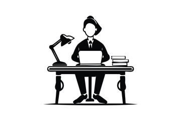 Professional Businesswoman Silhouette Working on Laptop with Books at Desk