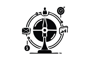 Business Strategy Compass Silhouette Guiding Direction with Financial Marketing Icons