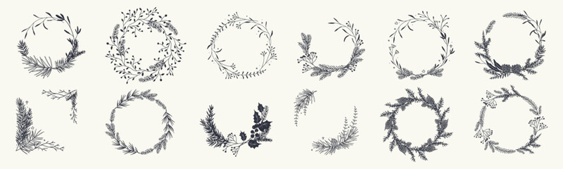 Fototapeta premium Christmas wreaths and frames with fir branches, berries, leaves, pine cones and snowflakes. Winter floral decor. Vector illustration hand-drawn in sketch style