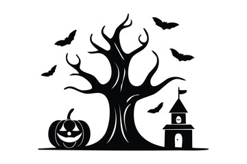 Spooky Halloween Night Silhouette with Haunted Tree Pumpkin and Flying Bats