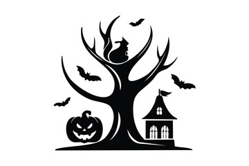 Spooky Halloween Night Silhouette Haunted Tree Pumpkin Bats and Creepy House