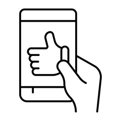 Thumb up hand on smartphone screen thin line icon, using social media concept, touchscreen phone in hand sign on white background, outline style for mobile web design. Vector graphics.