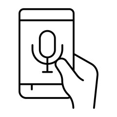 Mobile phone with microphone app thin line icon, using smartphone mic concept, touchscreen device in hand sign on white background, outline style for mobile web design. Vector graphics.