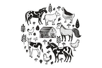 Rustic Farm Animals and Barn Silhouette Circle Design with Botanical Elements