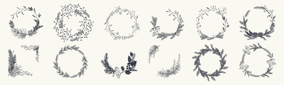 Christmas wreaths and frames with fir branches, berries, leaves, pine cones and snowflakes. Winter floral decor. Vector illustration hand-drawn in sketch style