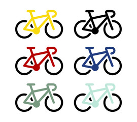 Six Colorful Minimalist Road Bicycle Icons: Vector Set of Black, Yellow, Red, Blue, Green, Mint Bike Silhouettes for Sport, Travel, and Graphic Design Clip Art