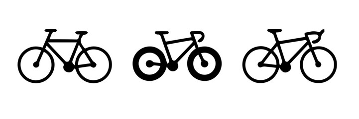 Three Black Minimalist Bicycle Icons: Vector Set of Simple Bike Silhouettes Featuring Road, Mountain, and Commuter Styles for Transportation and Fitness Design