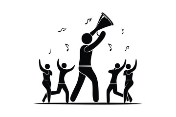 Dynamic Megaphone Speaker Silhouette with Dancing People and Musical Notes