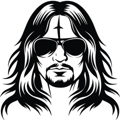 Illustration shows a stylish man with long flowing hair wearing sunglasses and a goatee