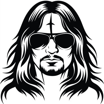 Illustration shows a stylish man with long flowing hair wearing sunglasses and a goatee