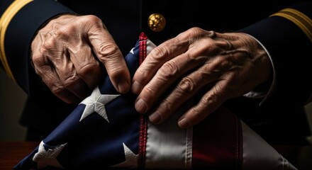Elderly Veteran Hands Respectfully Folding American Flag Triangular Shape