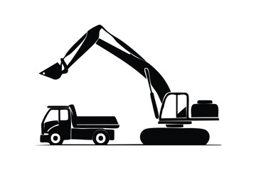 Tracked Excavator and Dump Truck Silhouette Heavy Construction Vehicles Isolated White Background