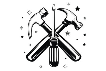 Crossed Hammers and Screwdriver Tools Silhouette with Stars on White Background