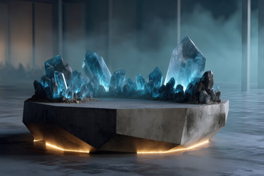 Floating polygonal stone platform surrounded by translucent crystal shards in teal fog