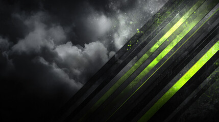 Futuristic grunge tech background with diagonal metal strips in neon green and charcoal gray