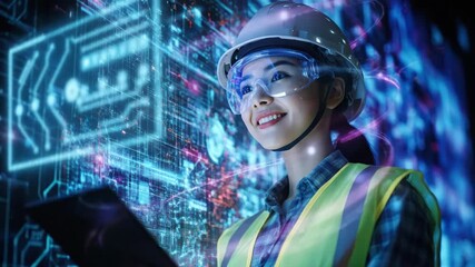 professional asian woman engineer in hard hat and safety glasses analyzes futuristic digital interface. concept of innovation, data, and smart industry. - Powered by Adobe