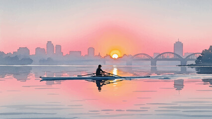 Charles River rower watercolor © Saad Hassan