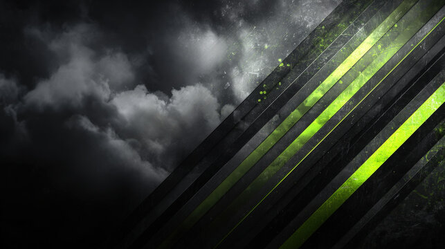 Futuristic grunge tech background with diagonal metal strips in neon green and charcoal gray