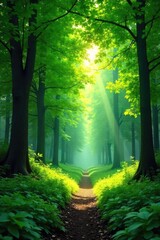 Obraz premium Lush green forest canopy in summer, dappled sunlight filtering through leaves, vibrant green undergrowth, tranquil summer scene , plants, fern, forest