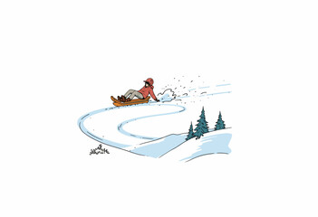 Illustration of a Person Joyfully Sledding Down a Snowy Hill with Pine Trees in the Background, Capturing the Excitement of Winter Outdoor Adventures