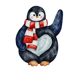 Cute winter penguins watercolor illustration