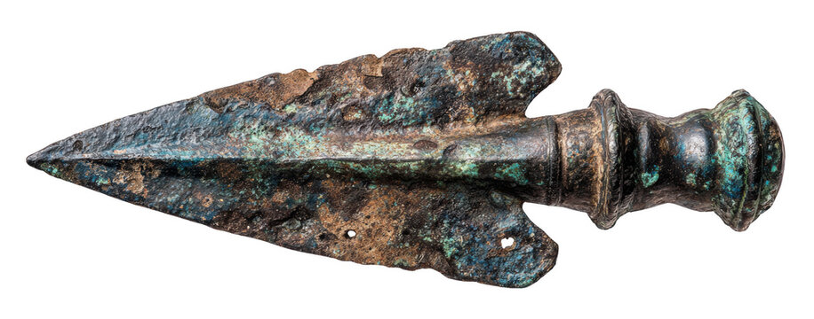 Top view of an old Roman spearhead hasta, isolated on transparent background, iron weapon relic, photorealistic corrosion and patina