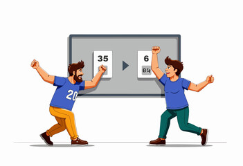 Two animated characters enthusiastically celebrating as a scoreboard updates with their victorious score and achievement in a vibrant competition setting.