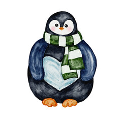 Cute winter penguins watercolor illustration