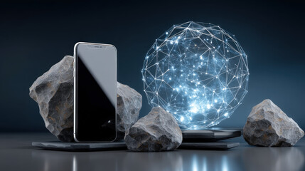 Smartphone and Smartwatch with White Screens on Reflective Stone and Holographic Globe Background