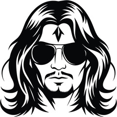 Black and white silhouette depicts a cool man with long hair wearing sunglasses
